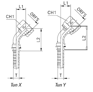 Схема углового фитинга ORFS - 45 градусов