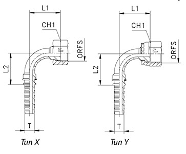 Схема углового фитинга ORFS - 90 градусов